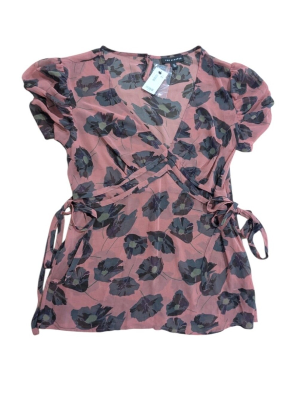 The Limited Blouse Dusty Rose Gray Floral Sheer V-neck Side Tie Top Sz XS *NWT